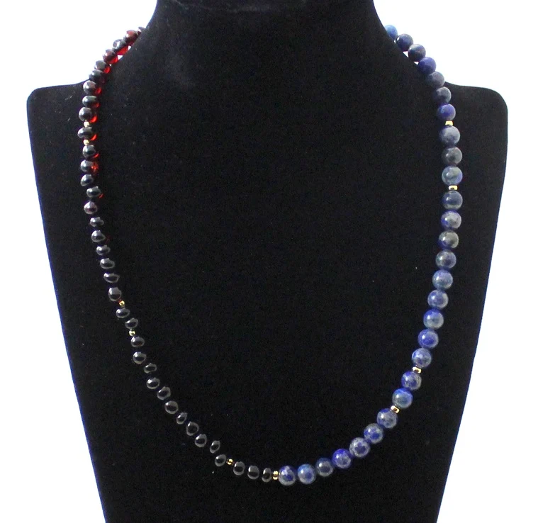 Collar Cereza Ámbar Con Lapislázuli Azul y Plata Dorada