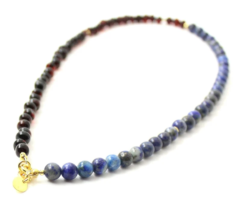 Collar Cereza Ámbar Con Lapislázuli Azul y Plata Dorada