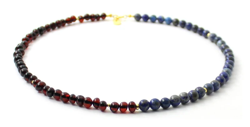 Collar Cereza Ámbar Con Lapislázuli Azul y Plata Dorada