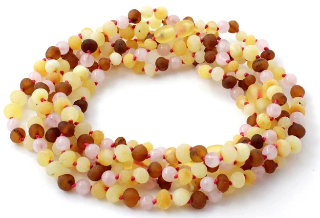 10 piezas de collares de dentición al por mayor de cuarzo rosa y ámbar
