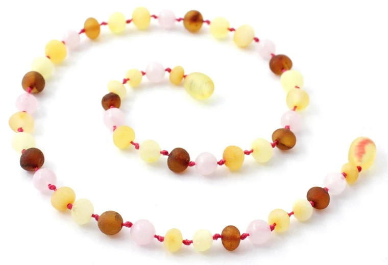 10 piezas de collares de dentición al por mayor de cuarzo rosa y ámbar