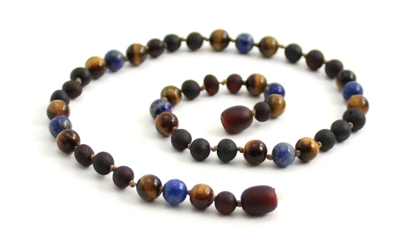 Collar Ámbar Cereza Cruda, Lapislázuli y Ojo de Tigre