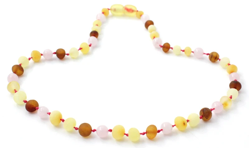 Collares de dentición de cuarzo rosa y ámbar báltico