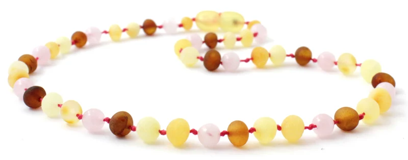 Collares de dentición de cuarzo rosa y ámbar báltico