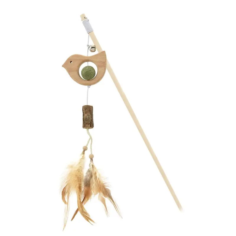 Juguete Gato Vara Animales Madera con Catnip y Pluma
