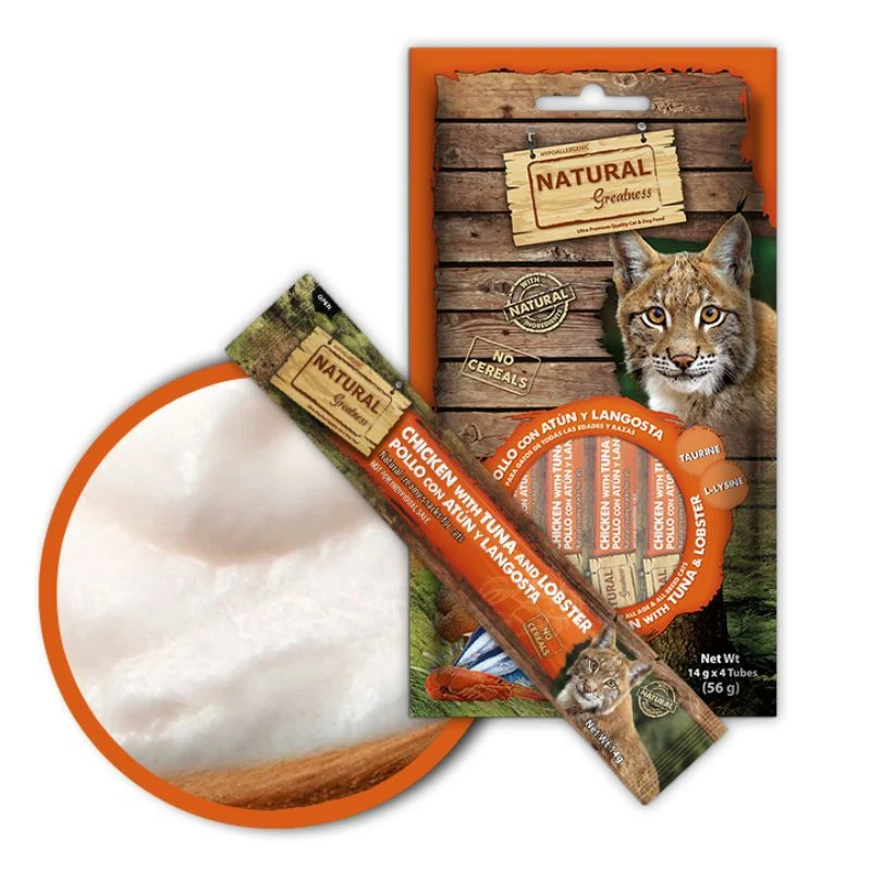 SNACKS CREMOSOS GATOS POLLO CON ATUN Y LANGOSTA NATURAL GREATNESS 5 X 4 X 14 G
