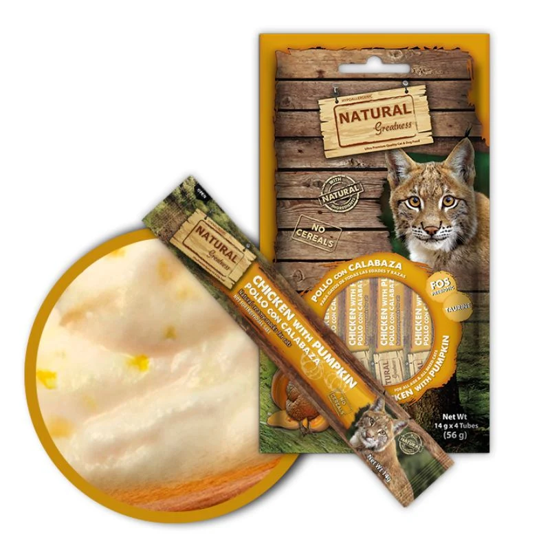 SNACKS CREMOSOS GATOS POLLO CON CALABAZA NATURAL GREATNESS 5 X 4 X 14 G
