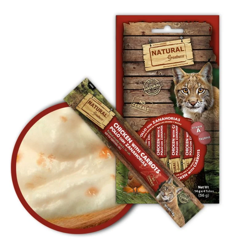 SNACKS CREMOSOS GATOS POLLO CON ZANAHORIAS NATURAL GREATNESS 5 X 4 X 14 G