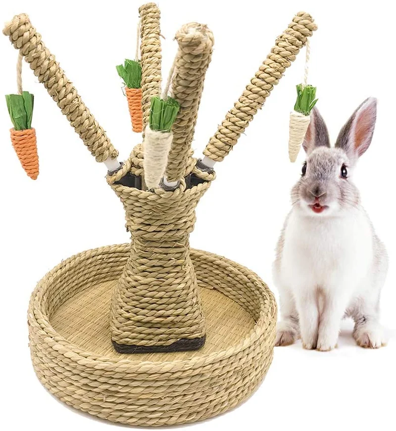 Hamiledyi Conejo de juguete para masticar, ratán, hierba, rascador, árbol de escalada, árbol de diversión, zanahoria, juguetes para animales pequeños