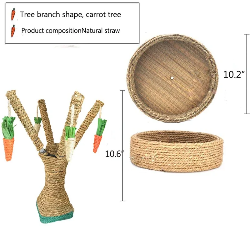 Hamiledyi Conejo de juguete para masticar, ratán, hierba, rascador, árbol de escalada, árbol de diversión, zanahoria, juguetes para animales pequeños