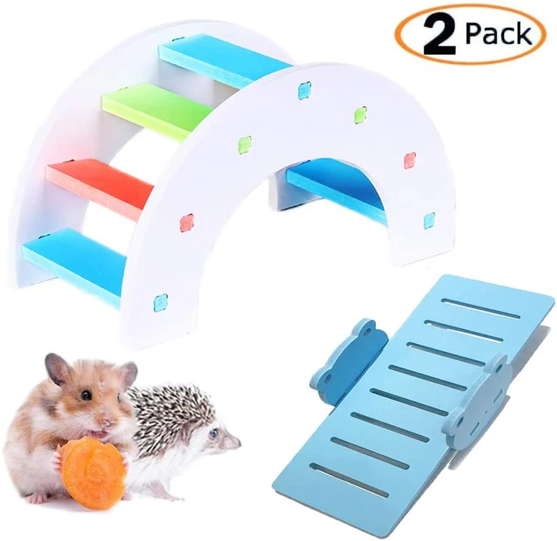 Mumax - Juego de juguetes de hámster de madera con puente de arco iris con sierra de mar de PVC, ideal para hámster nido, ratón, ratón, erizo, lagarto, animales pequeños (color al azar)