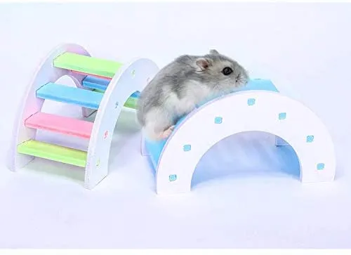 Mumax - Juego de juguetes de hámster de madera con puente de arco iris con sierra de mar de PVC, ideal para hámster nido, ratón, ratón, erizo, lagarto, animales pequeños (color al azar)