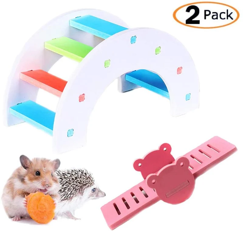 Mumax - Juego de juguetes de hámster de madera con puente de arco iris con sierra de mar de PVC, ideal para hámster nido, ratón, ratón, erizo, lagarto, animales pequeños (color al azar)