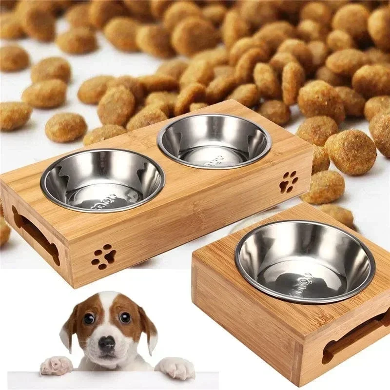Gamelle chien en céramique avec support en bambou