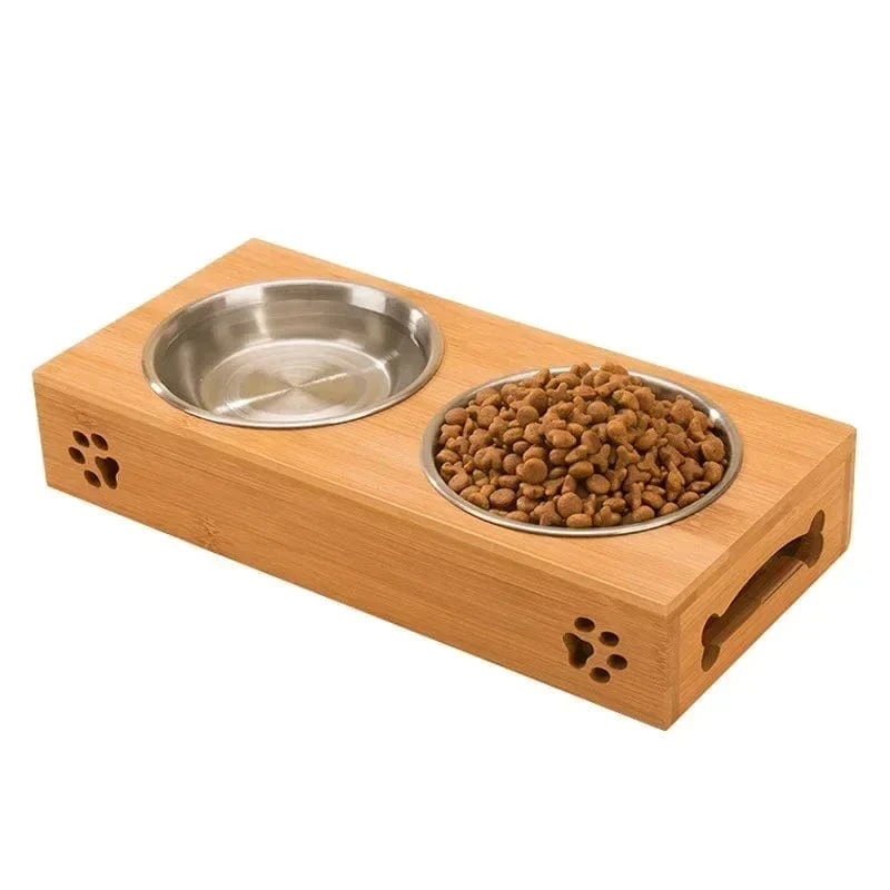 Gamelle chien en céramique avec support en bambou