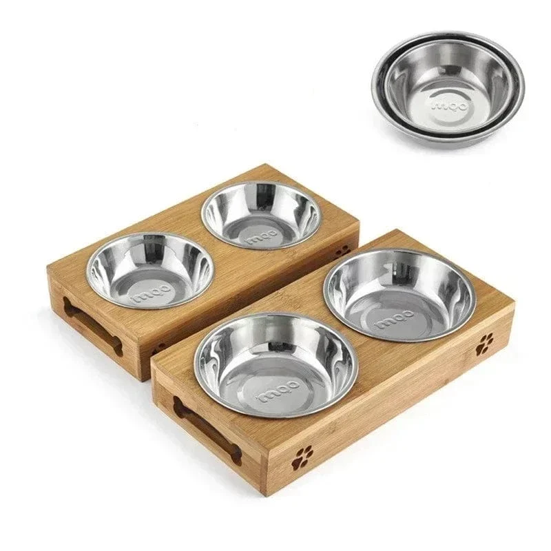 Gamelle chien en céramique avec support en bambou