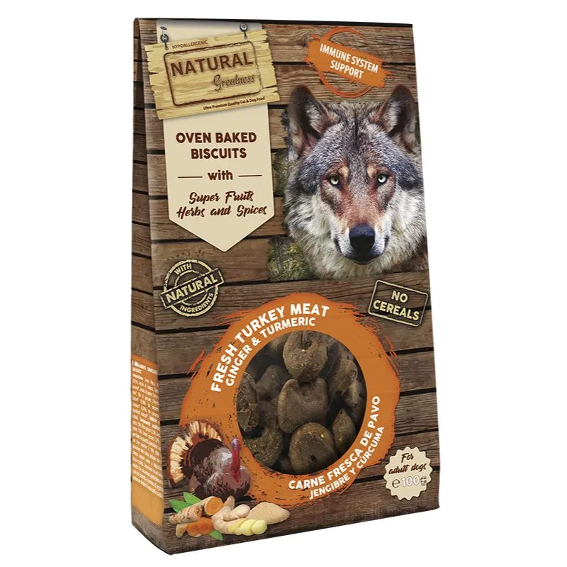 SNACK NATURAL GREATNESS FUNCIONAL PERROS GALLETAS HORNEADAS PAVO JENGIBRE Y CURCUMA 150 G