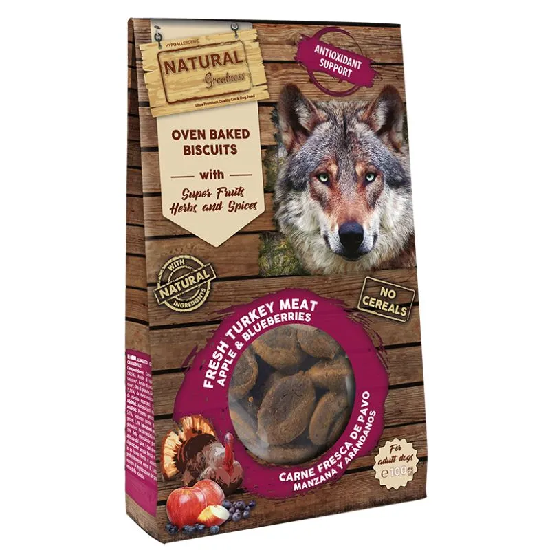 SNACK NATURAL GREATNESS FUNCIONAL PERROS BITS SEMIHUMEDOS PAVO MANZANA Y ARANDANOS 100 G
