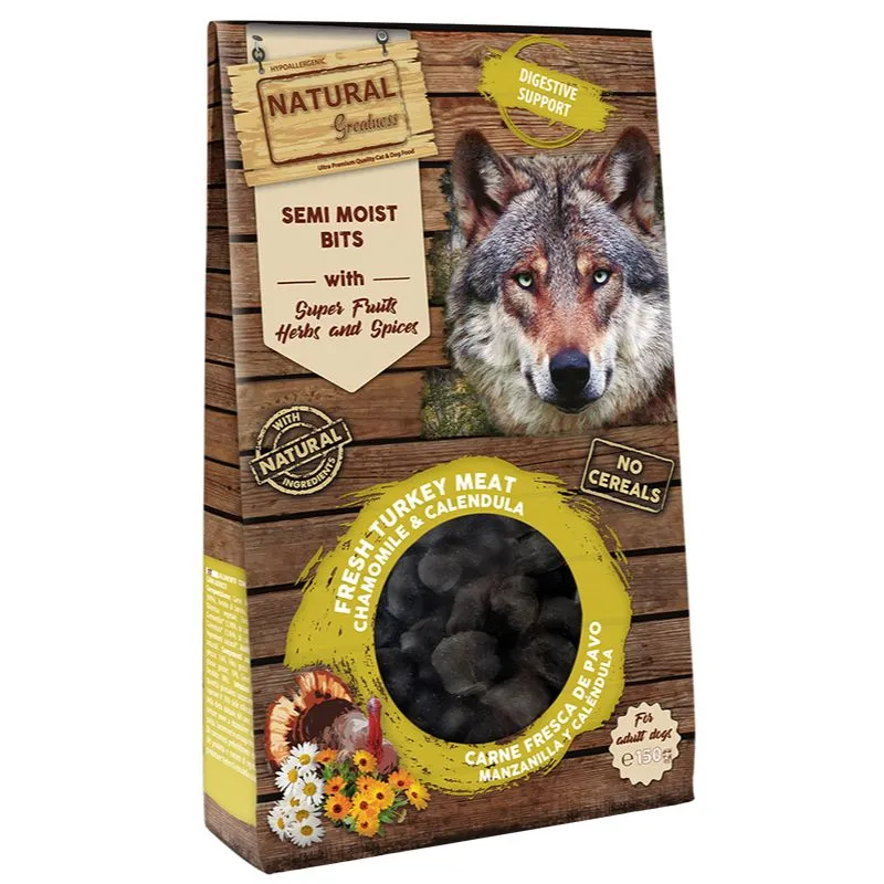 SNACK NATURAL GREATNESS FUNCIONAL PERROS BITS SEMIHUMEDOS PAVO MANZANILLA Y CALENDULA 150 G