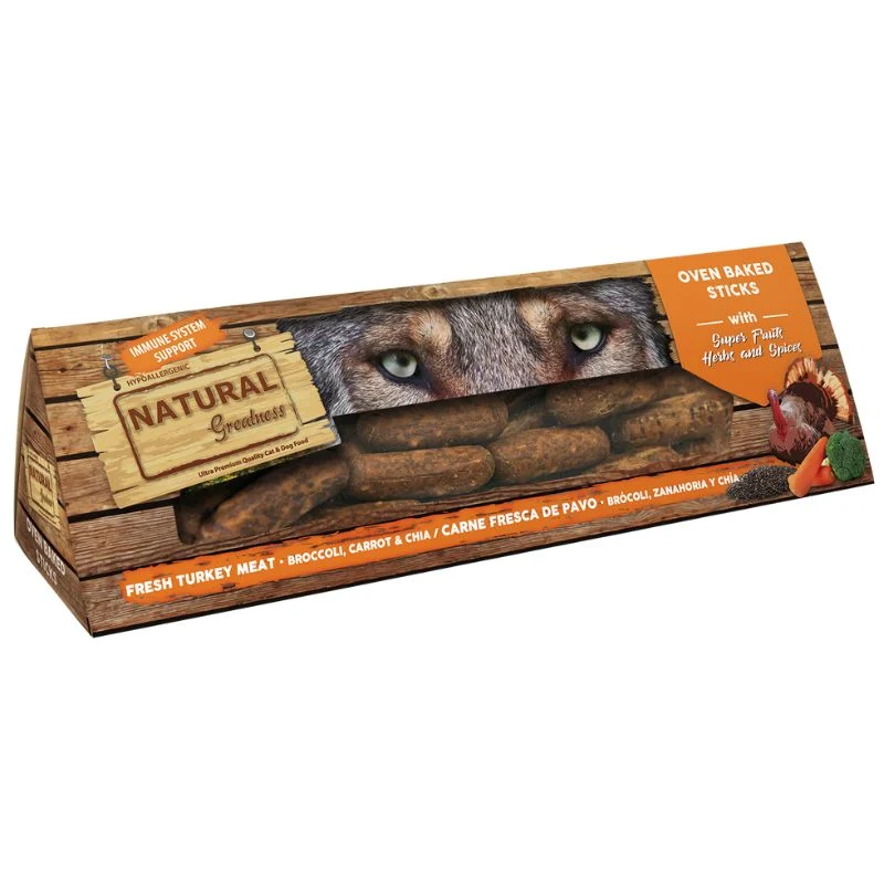 SNACK NATURAL GREATNESS PERROS STICKS SEMIHUMEDOS PAVO BROCOLI ZANAHORIA Y CHIA 150 G