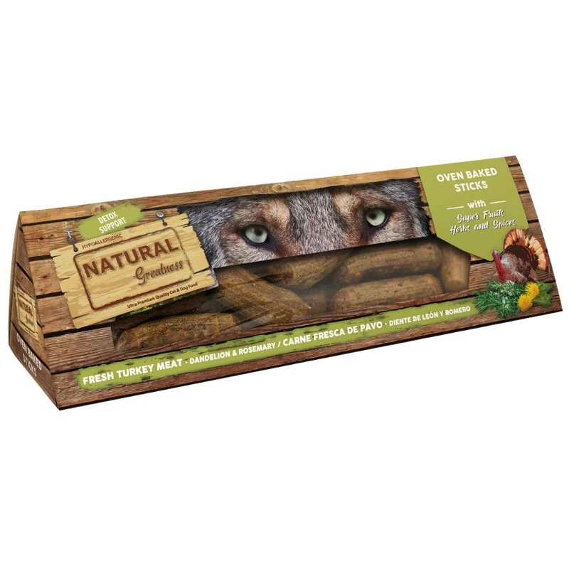SNACK NATURAL GREATNESS PERROS STICKS SEMIHUMEDOS PAVO DIENTE DE LEON Y ROMERO 150 G