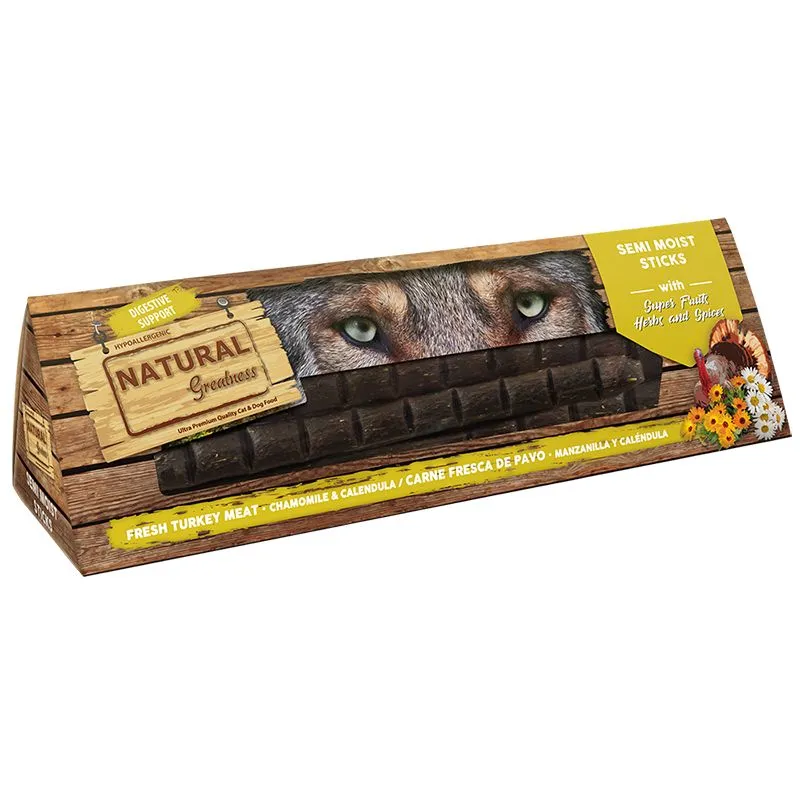 SNACK NATURAL GREATNESS PERROS STICKS SEMIHUMEDOS PAVO MANZANILLA Y CALENDULA 150 G