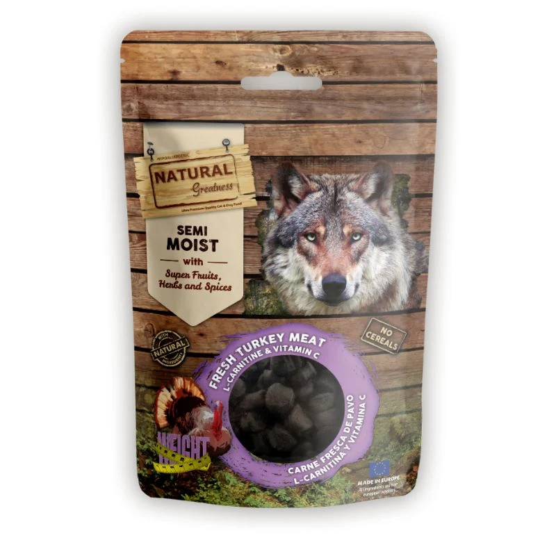 SNACK NATURAL GREATNESS FUNCIONAL PERROS BITS SEMIHUMEDOS CARNE FRESCA DE PAVO L-CARNITINA Y VITAMINA C 150 G