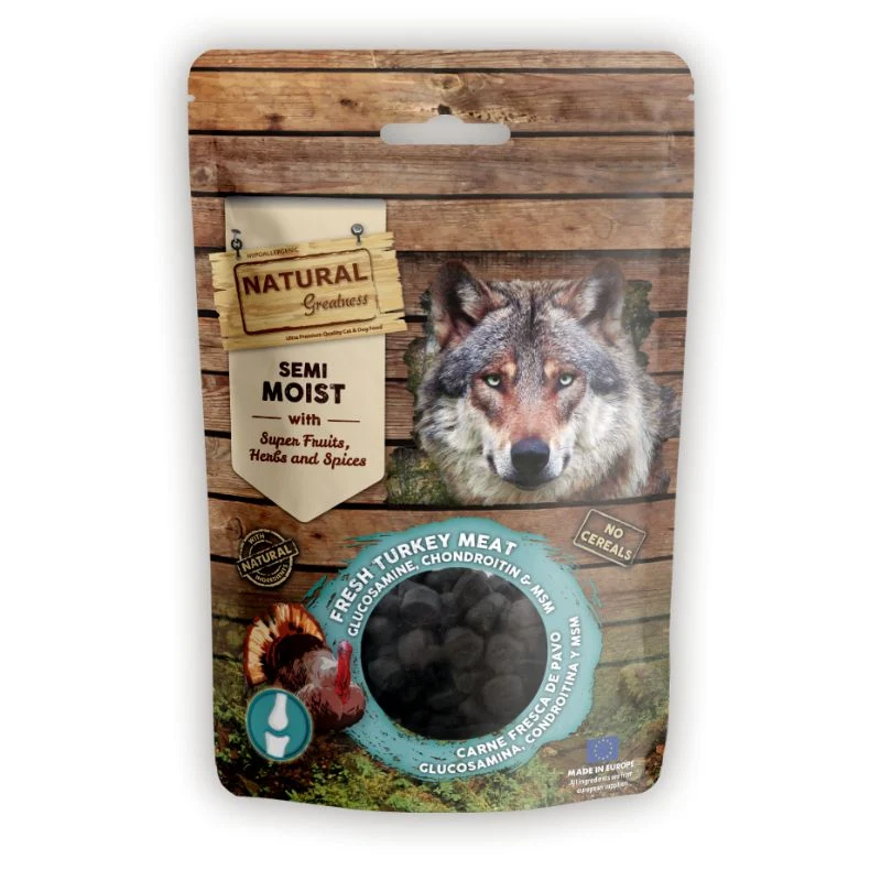 SNACK NATURAL GREATNESS FUNCIONAL PERROS BITS CARNE FRESCA DE PAVO GLUCOSAMINA CONDROITINA Y MSM 150 G