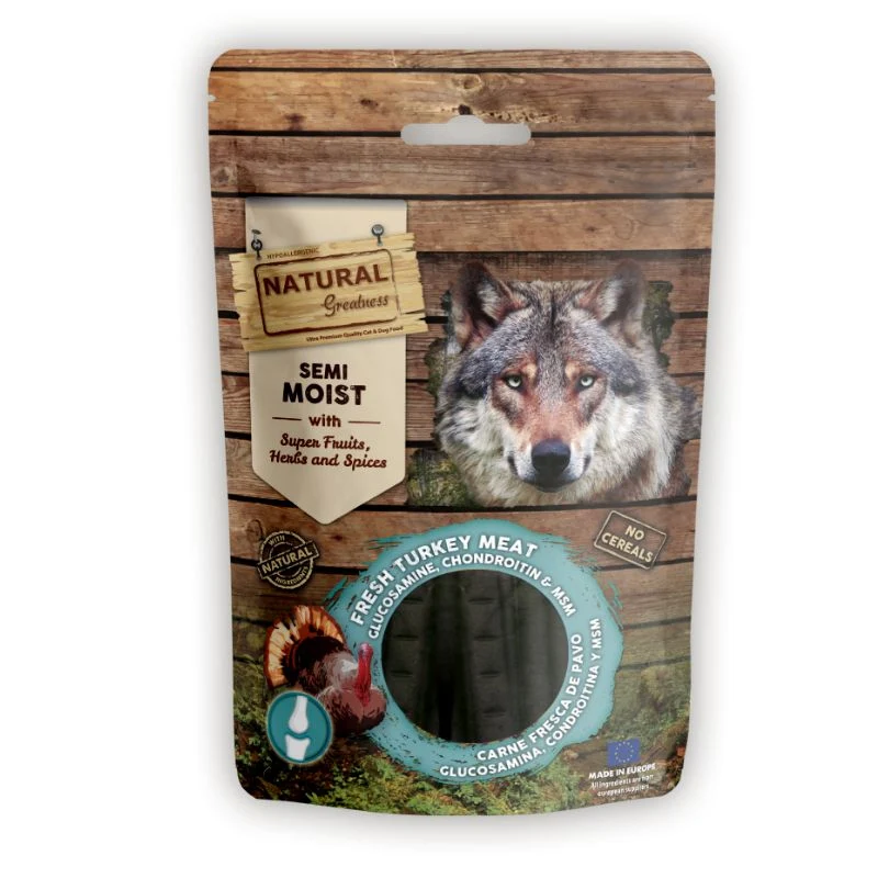 SNACK NATURAL GREATNESS FUNCIONAL PERROS STICKS CARNE FRESCA DE PAVO GLUCOSAMINA CONDROITINA Y MSM 150 G