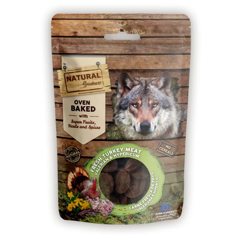 SNACK NATURAL GREATNESS FUNCIONAL PERROS CARNE FRESCA DE PAVO VALERIANA E HIPÉRICO 100 G