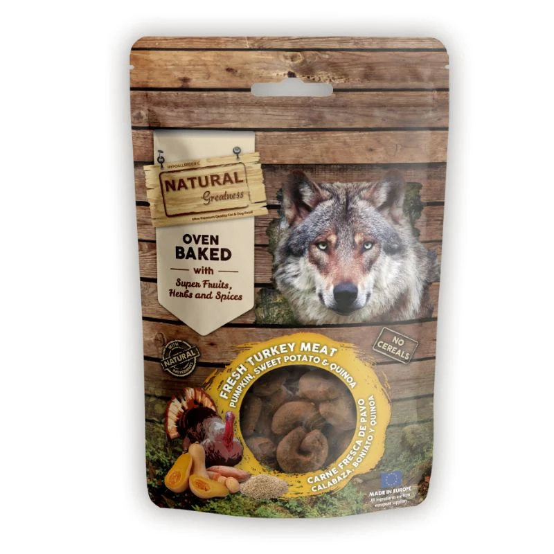 SNACK NATURAL GREATNESS FUNCIONAL PERROS CARNE FRESCA PAVO CALABAZA BONIATO Y QUINOA 100 G