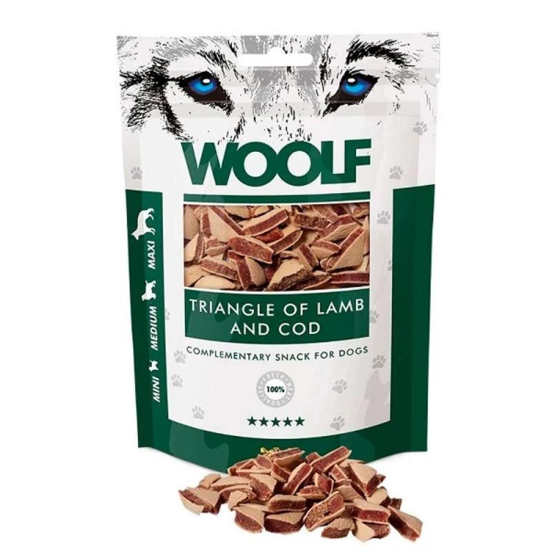 SNACK WOOLF TRIANGULOS DE CORDERO Y BACALAO 10 X 100 G