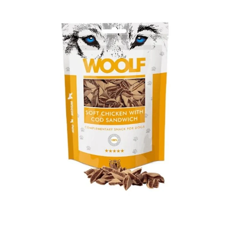 SNACK WOOLF TRIANGULOS DE POLLO Y BACALAO 10 X 100 G
