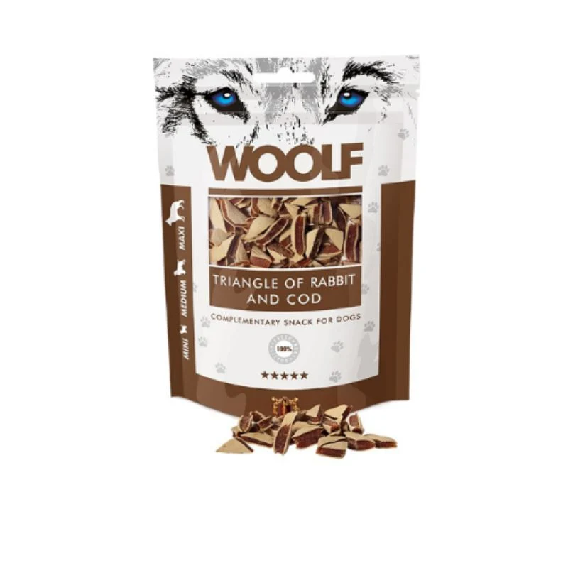 SNACK WOOLF TRIANGULOS DE CONEJO Y BACALAO 10 X 100 G