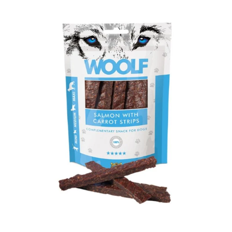 SNACK WOOLF TIRAS DE SALMON Y ZANAHORIAS 10 X 100 G