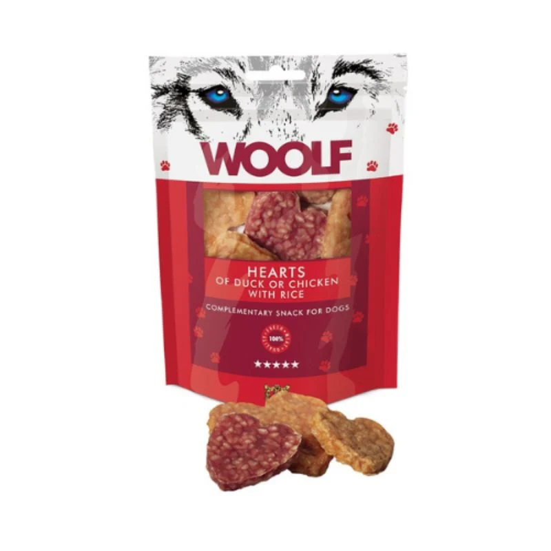 SNACK WOOLF CORAZONES DE PATO Y POLLO 10 X 100 G