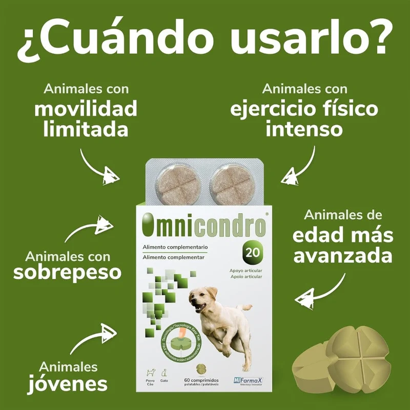 Omnicondro 20 | 60 comprimidos | Condroprotector para Perros y Gatos con Glucosamina y Condroitina | Suplemento Nutricional para Reforzar Articulaciones | Hifarmax