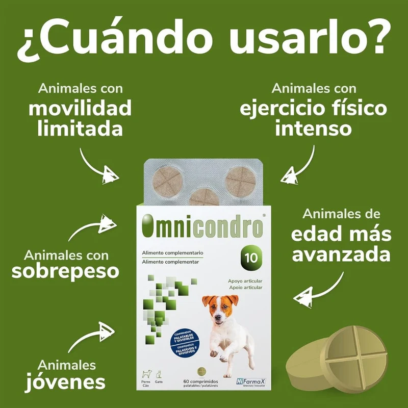 Omnicondro 10 | 60 comprimidos | Condroprotector para Perros, Gatos y Cachorros con Glucosamina y Condroitina para Articulaciones | Hifarmax