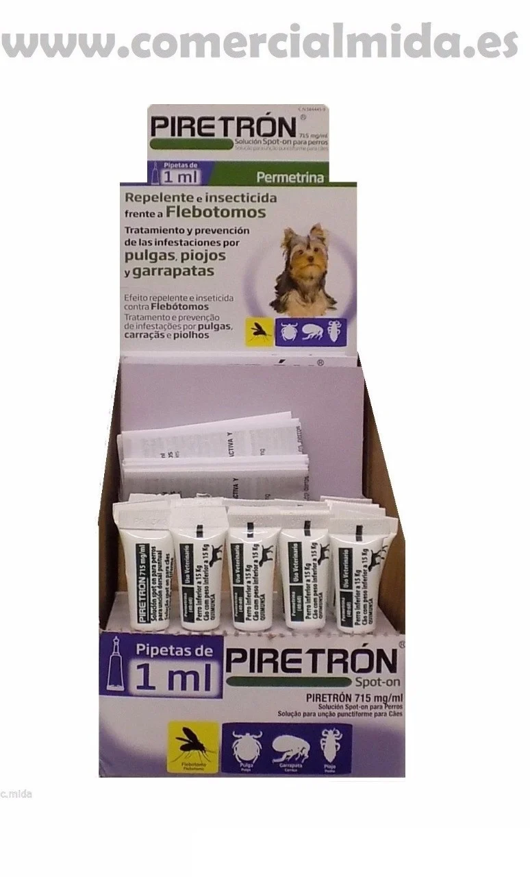 Pipetas PIRETRON para perros -15Kg anti pulgas, garrapatas y flebotomos