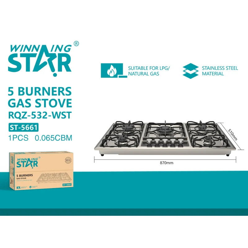 Winning Star Plantilla de Gas Acero Inoxidable 5 Quemadores, ST-5661