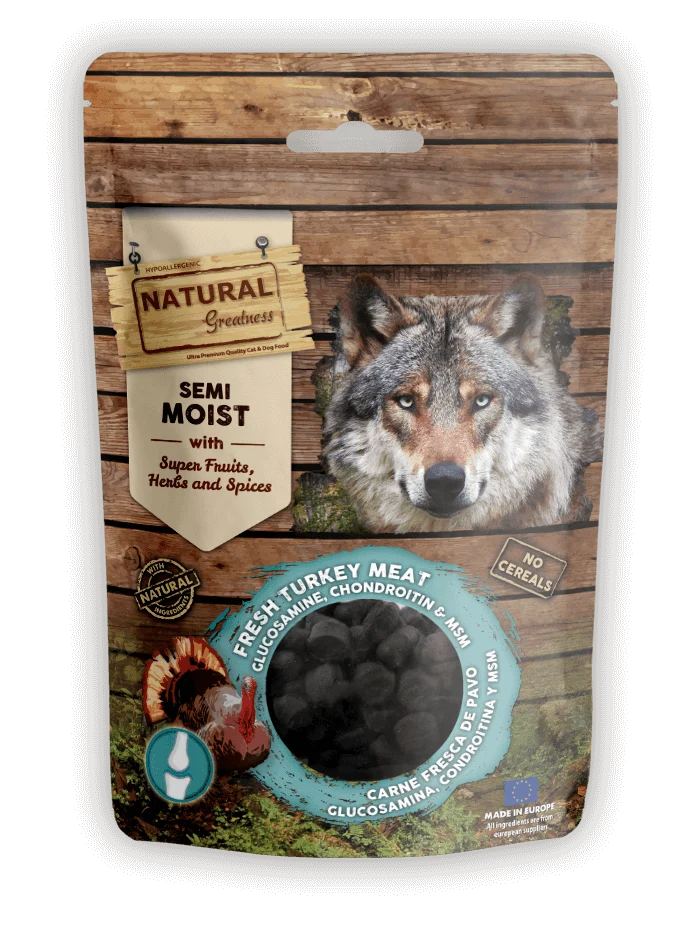 🐾 NATURAL GREATNESS Bits Semihúmedos con Pavo, Glucosamina, Condroitina y MSM | Snack funcional sin cereales para perros adultos