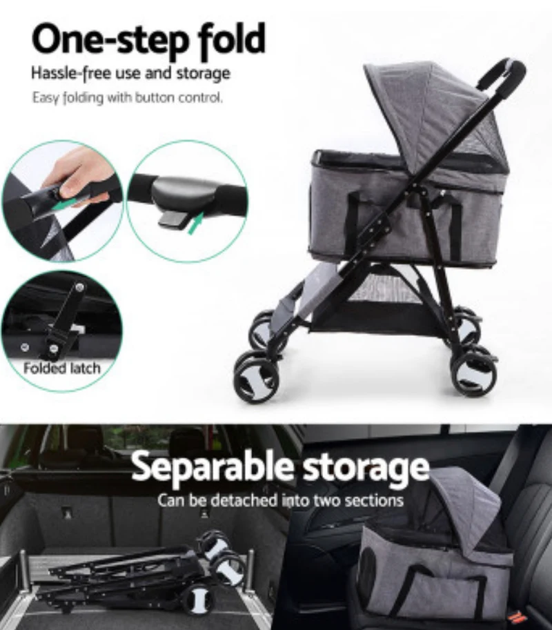 Pet Stroller Dog Carrier Foldable Pram 3 IN 1 Middle Size Grey