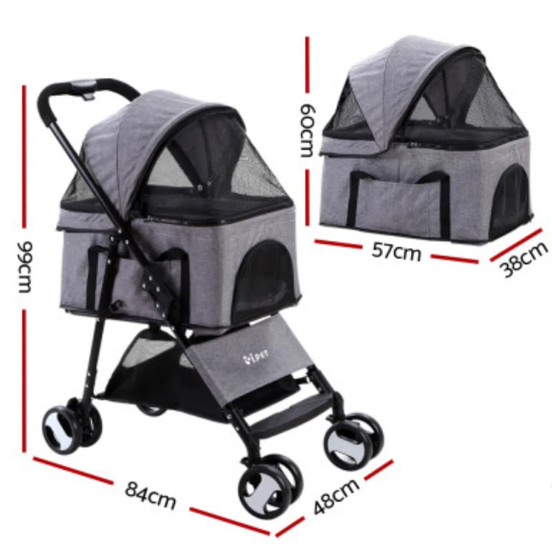 Pet Stroller Dog Carrier Foldable Pram 3 IN 1 Middle Size Grey