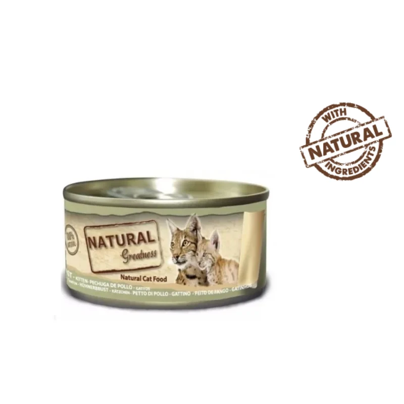 COMIDA HUMEDA GATOS NATURAL GREATNESS LATA PECHUGA DE POLLO GATITOS Y SENIOR 12X70 G