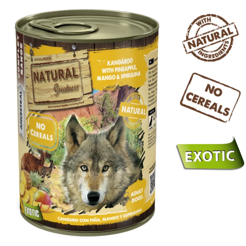 COMIDA HUMEDA PERROS NATURAL GREATNESS CANGURO CON PIÑA MANGO Y ESPIRULINA 6 X 400 G