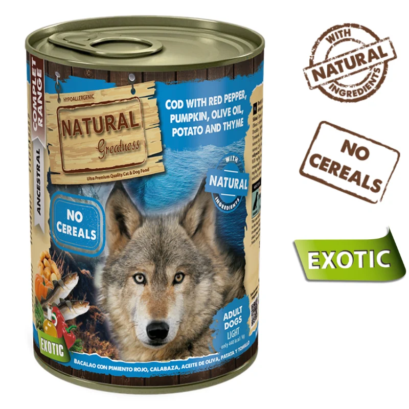 COMIDA HUMEDA PERROS NATURAL GREATNESS BACALAO PIMIENTO ROJO Y CALABAZA 12 X 390 G