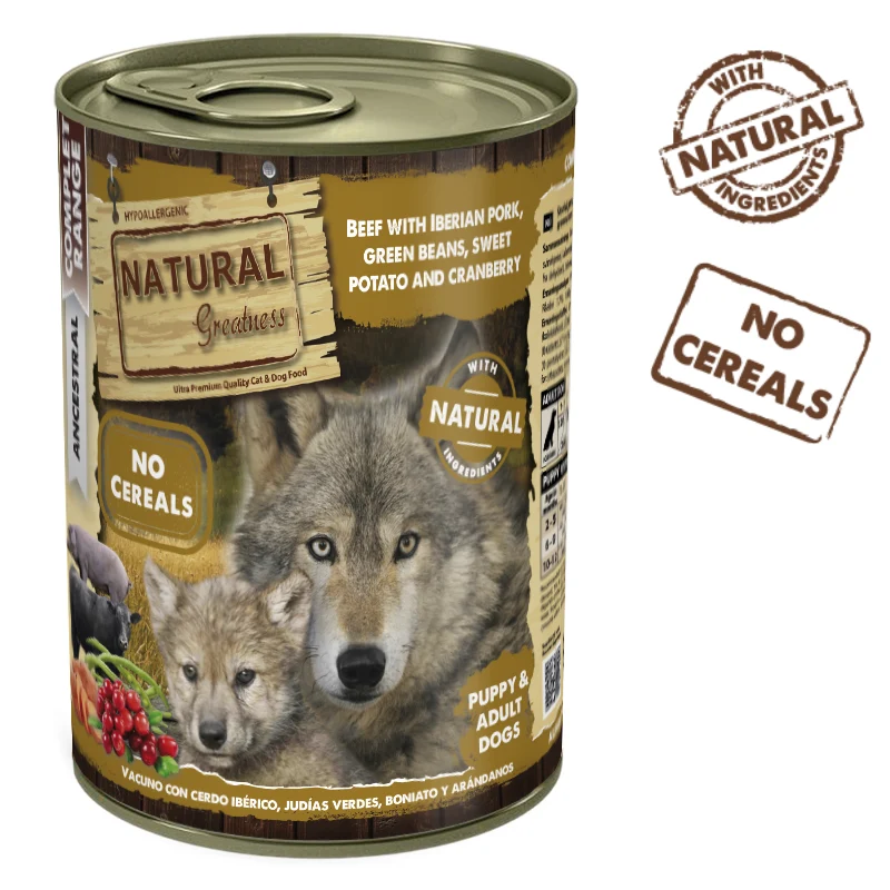 COMIDA HUMEDA PERROS NATURAL GREATNESS VACUNO Y CERDO 12 X 400 G