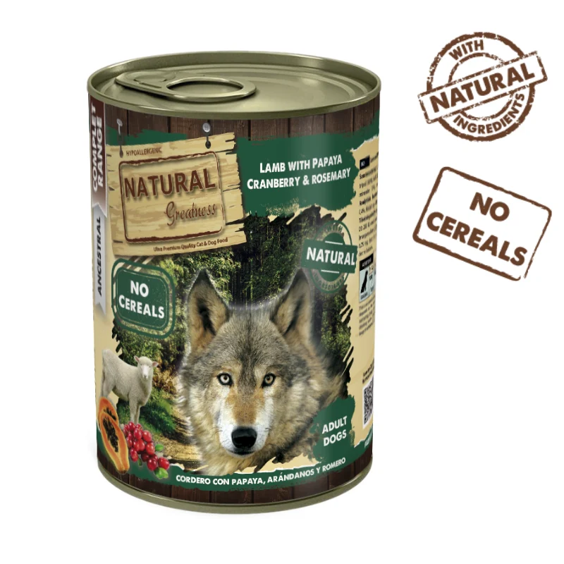 COMIDA HUMEDA PERROS NATURAL GREATNESS LATA CORDERO CON PAPAYA Y ARANDANOS 6 X 400 G