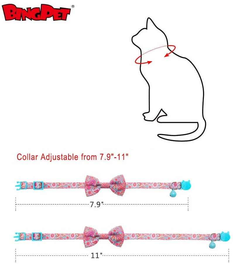 BINGPET 2 collares para gatos con campana, collar de seguridad ajustable para gatos, gatitos, cachemir