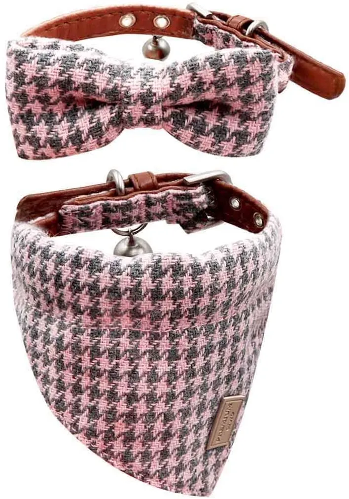 Azuza - Collares para gato pequeño con campanas extraíbles, 2 unidades de collares de piel sintética con pajarita y bandana